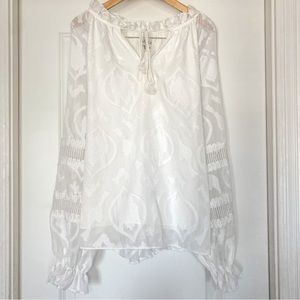 NWT Aura Tunic Patterned White Blouse Long-Sleeve Tie Collar Large